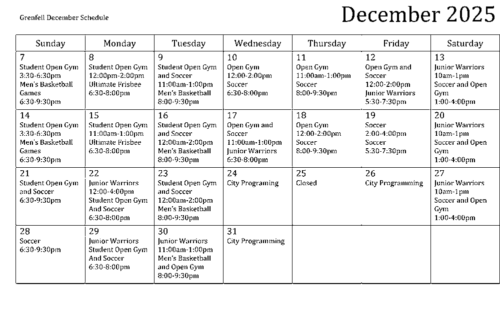 December schedule